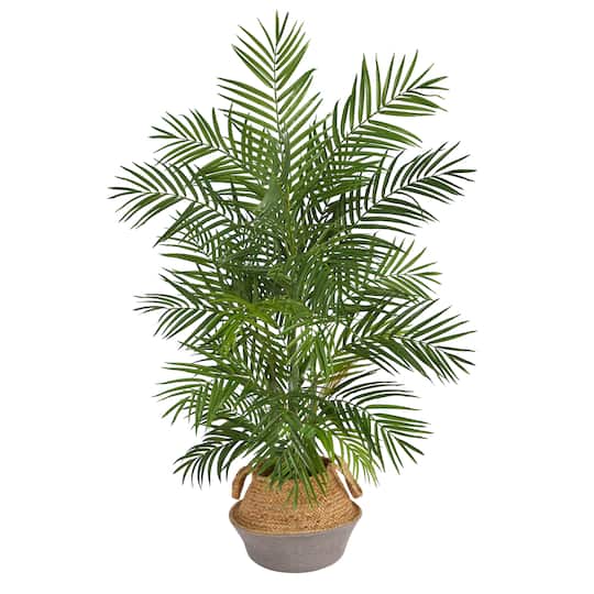 Nearly Natural; 4ft. Areca Artificial Palm Branches in Boho Chic Handmade Cotton & Jute Gray Woven Planter; Category:Trees & Floor Plants; Image:1